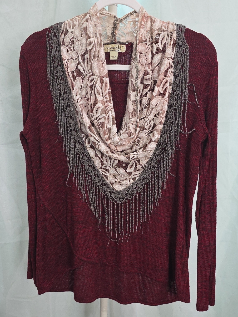 #250 ONE WORLD Maroon Knit Top with Blush Lace Scarf